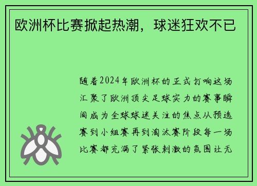 欧洲杯比赛掀起热潮，球迷狂欢不已