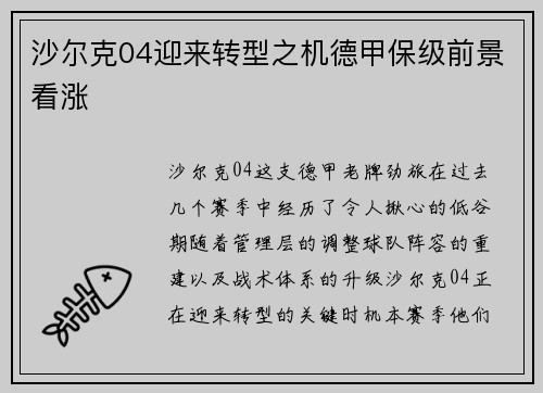 沙尔克04迎来转型之机德甲保级前景看涨