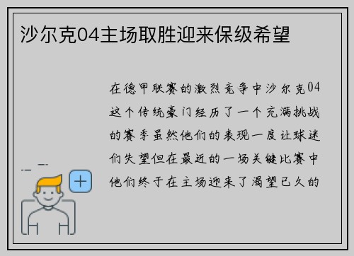 沙尔克04主场取胜迎来保级希望